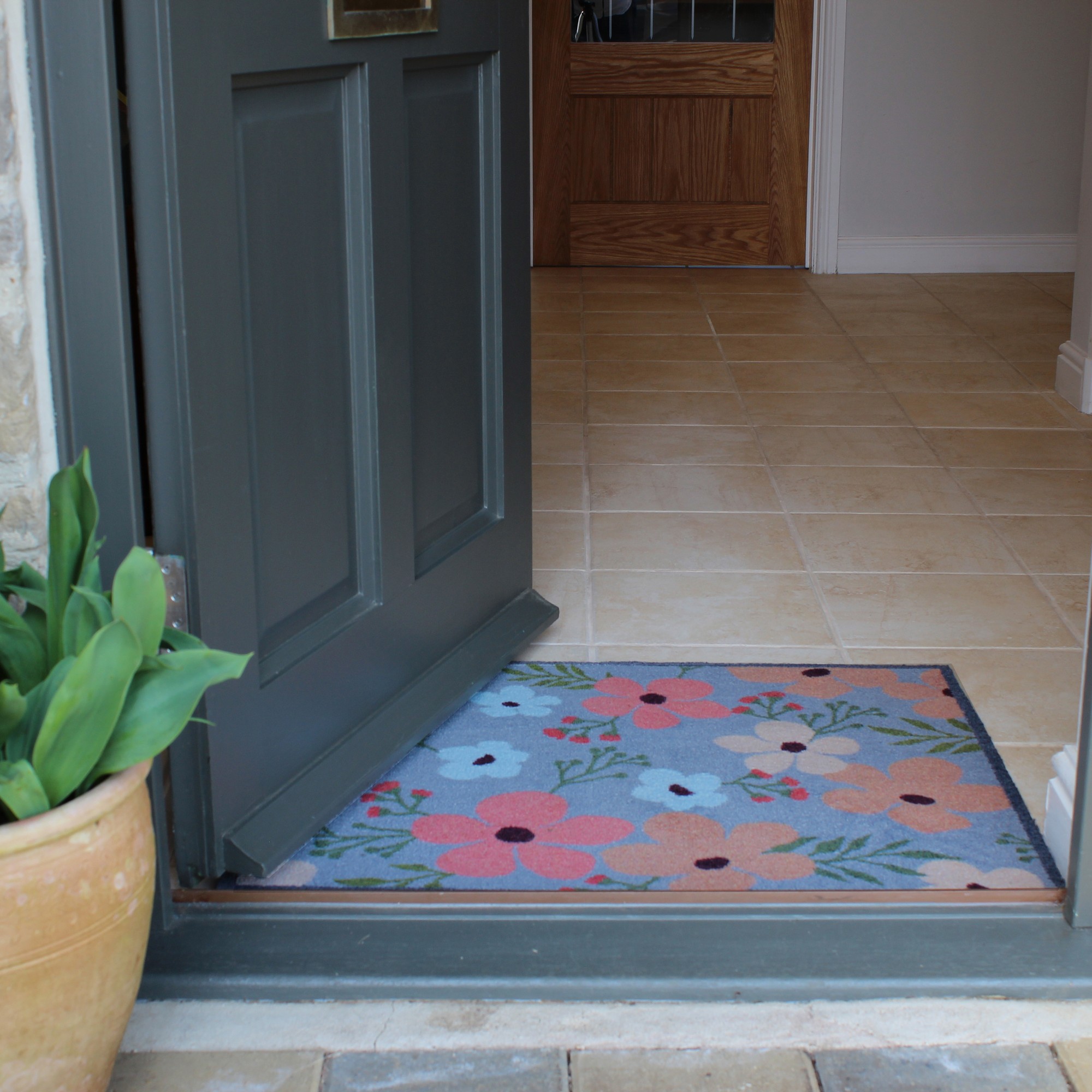 Garden Flower Recycled Washable Doormat In Grey Multi